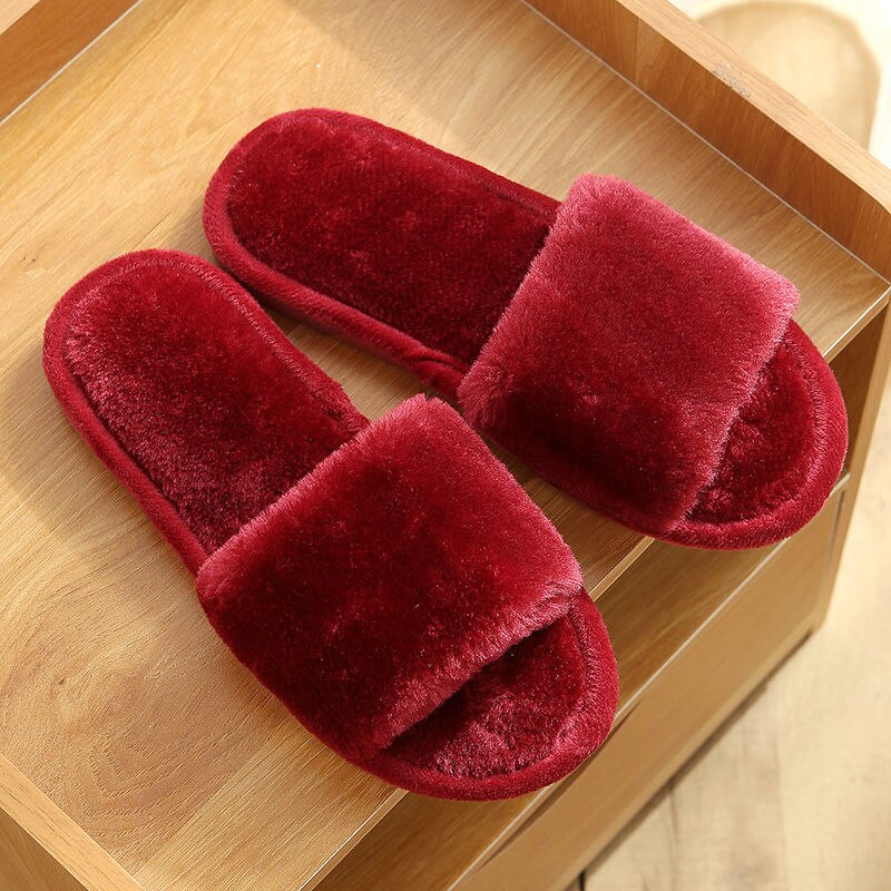 Syoloop Furry Slides Women Home Slippers Winter Warm Shoes Woman Slip on Flats Slides Female Faux Fur Slippers: Red / 36-37 (22.5CM)