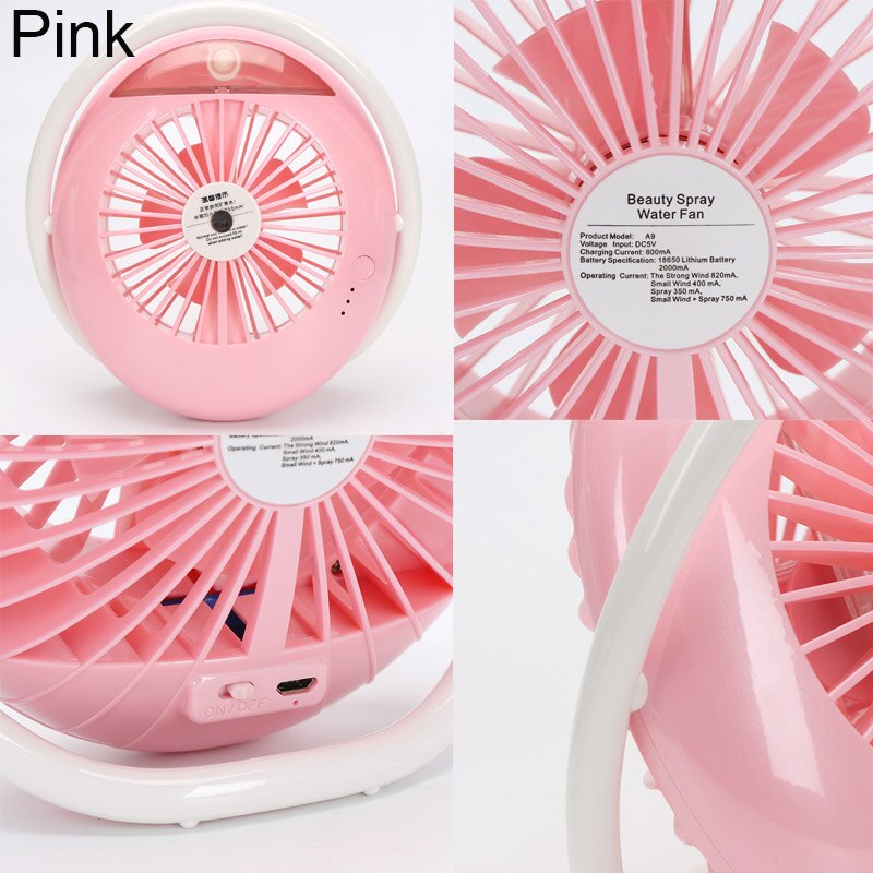 Pink 2000 mah vandsprayventilator usb bærbar køling mute genopladelig ventilator klimaanlæg luftfugter 2 in 1 til hjemmekontor