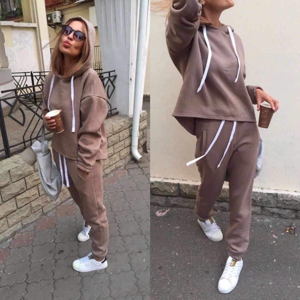 Autumn Tracksuit Long Sleeve Thicken Hooded Sweatshirts 2 Piece Set Casual Sport Suit Women Running Set