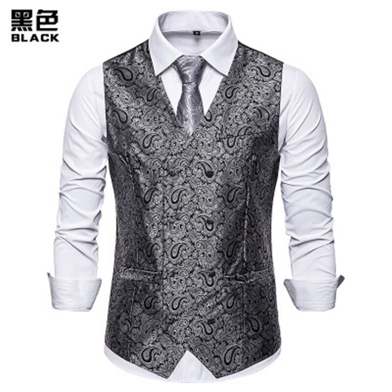 Dubbelrijs herenvest casual paisley bloemenprint colete social luxe heren bruidsvesten gilet kostuum heren: Zwart / S