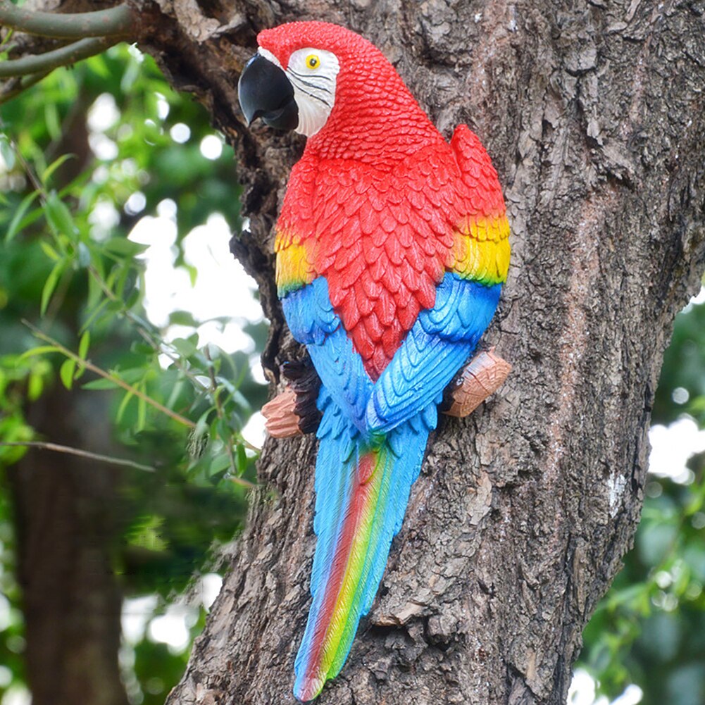 Simulation Resin Parrot Statue Toy Wall-mounted DIY Outdoor Garden Tree Decoration Animal Sculpture Garden Decoration Ornaments: Red Right