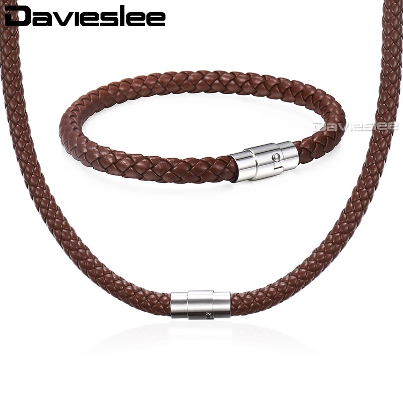 Davieslee Men Women&#39;s Leather Jewelry Set Black Brown Braided Rope Leather Bracelet Necklace Set Jewelry 4 6 8mm DUSM04