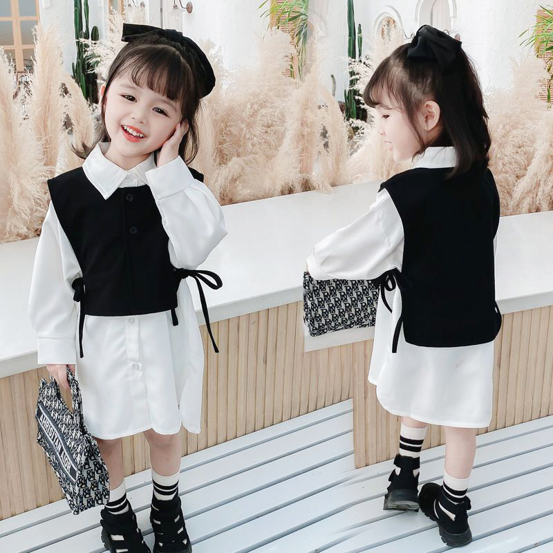 Ensemble chemisier blanc + gilet noir pour filles, vêtements de printemps et d&#39;automne, en coton, manches longues, Style collégien, laçage latéral, chemises pour filles