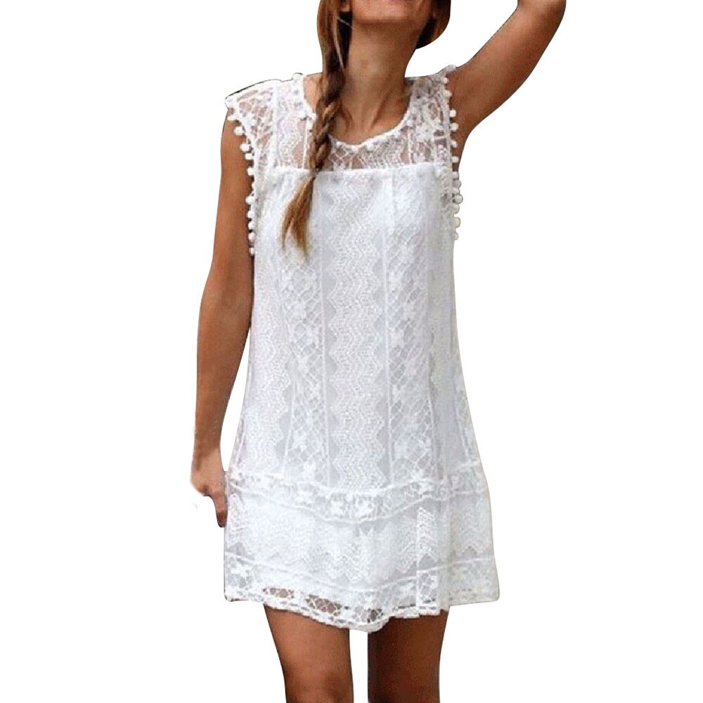 Vrouwen Elegante Zomer Tasell Jurk Solid Casual Lace Mouwloze Beach Korte Jurk Kwastje Mini Jurken Vestidos Mujer # Yj: Xl