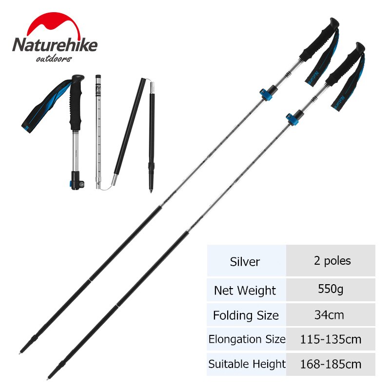 Naturehike Trekking Poles Folding Hiking Stick Collapsible Hiking Poles Trekking Stick Walking Poles Nordic Walking Sticks: Silver - 2 poles