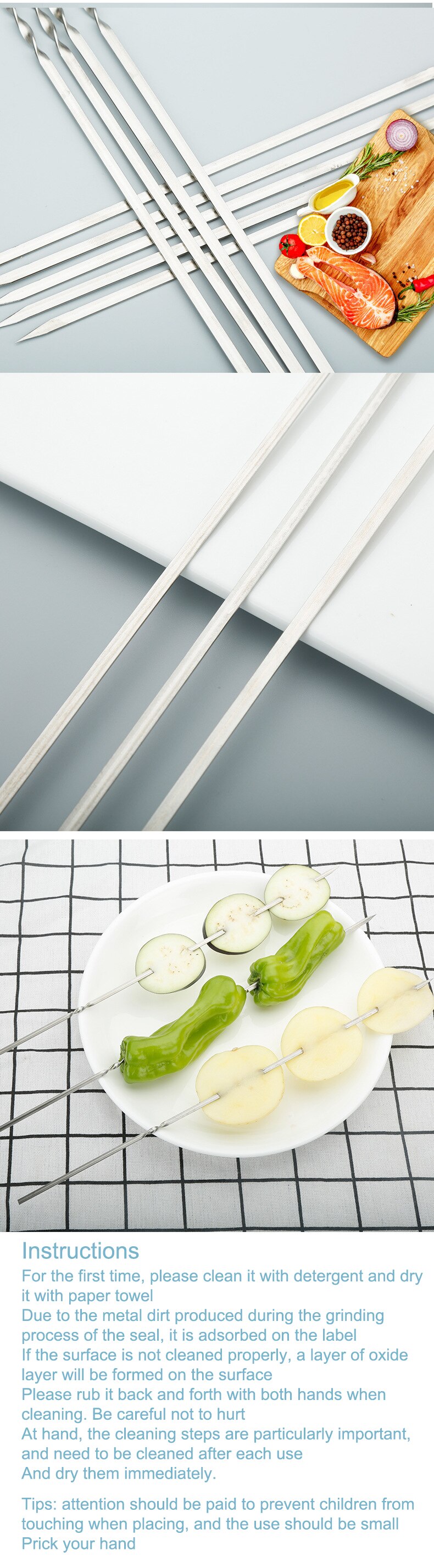 10pc reusable 304 stainless steel barbecue metal skewers skewers BBQ utensils grill grill Food Skewers Needle Prongs Party