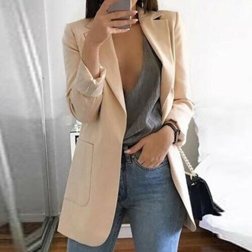 Solid Style Lady Young Women Slim Casual Business Blazer Suit Jacket Coat Outwear Khaki Gary Black: A / L