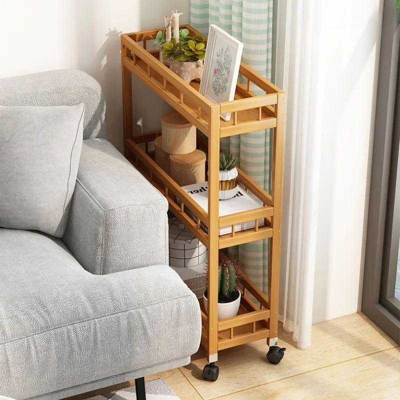Scaffale da pavimento a spazio stretto Scaffale da bagno in piedi con ruote Carrello portaoggetti in bambù multistrato