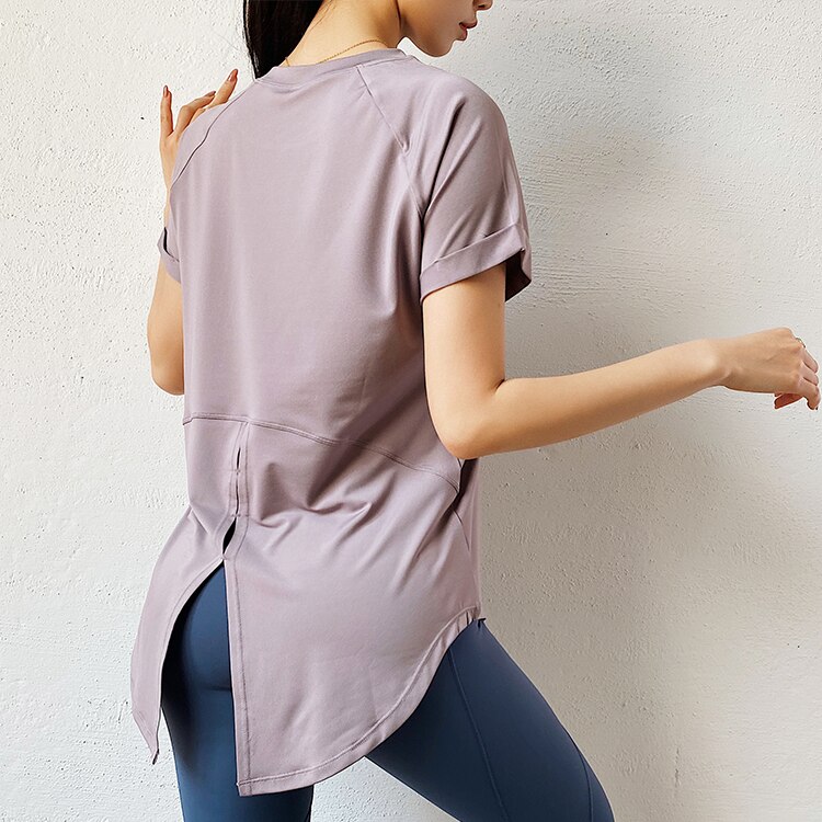 Women Summer Loose Short Sleeve Sport T Shirt Breathable Net Yarn Patchwork Back Fork Opening Quick Dry Running Yoga Shirt: Purple  / L
