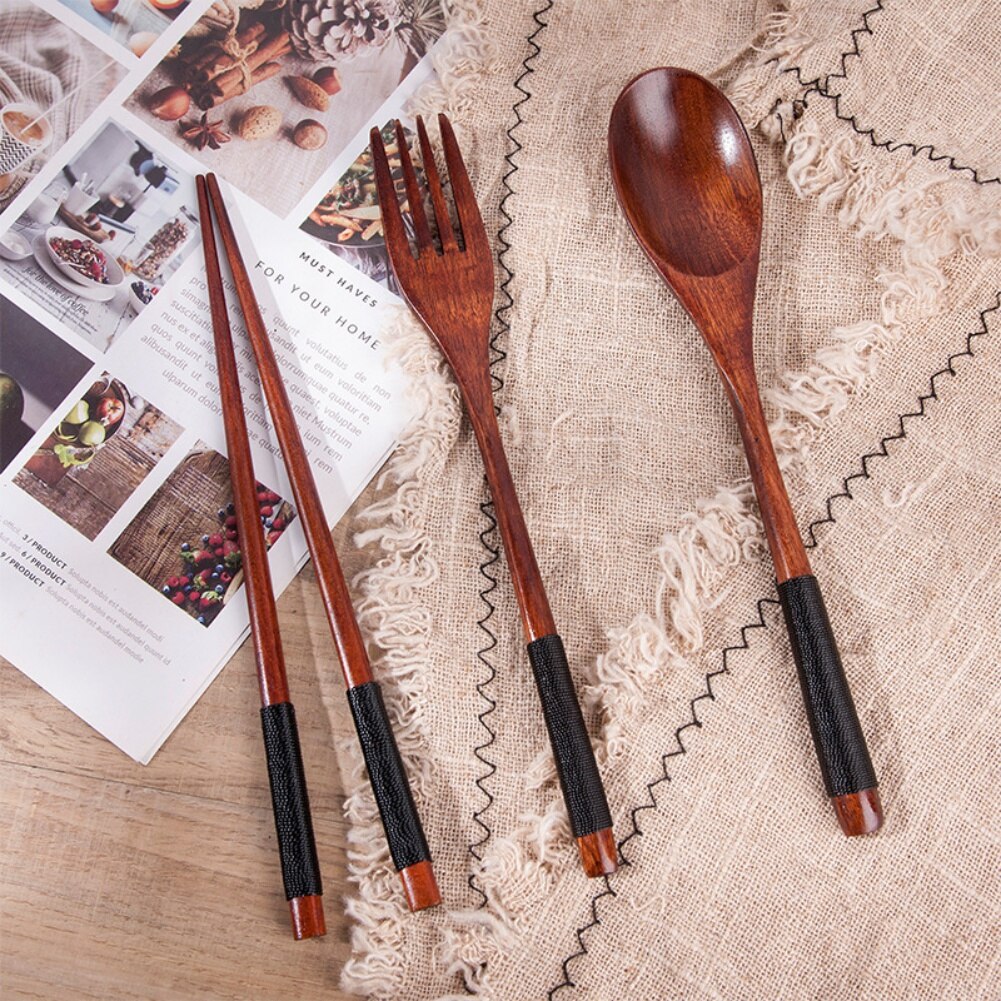 Chinese Tableware Set Wooden Spoon Fork Chopsticks Portable Easy to Clean Travel Dinnerware Suit