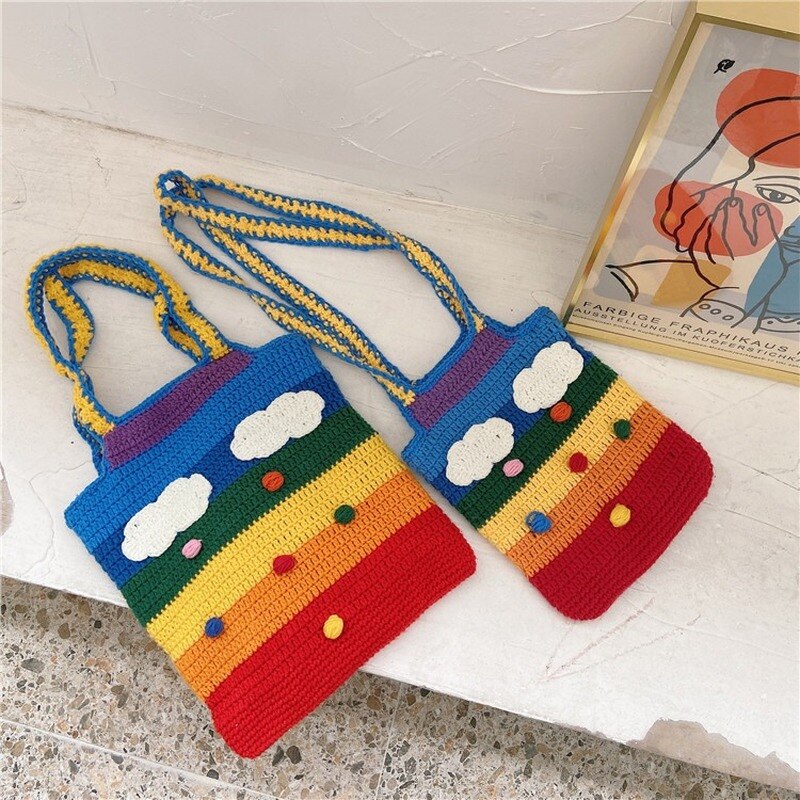 Tailândia arco-íris lona mensageiro saco de lã tricô tote bags para menina algodão pano bolsa de ombro feminino adorável estudante bolsa