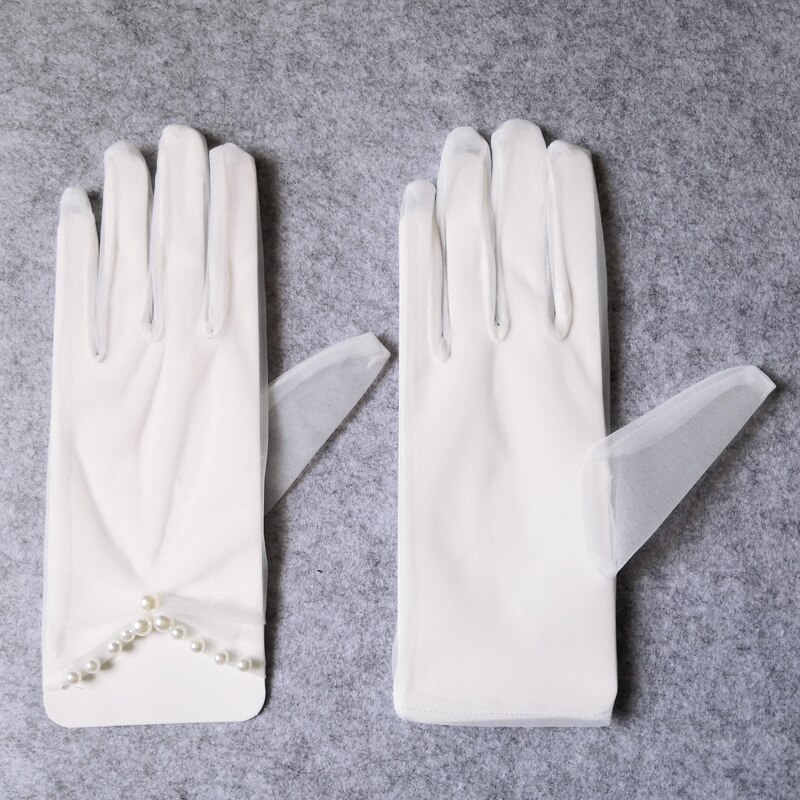 Białe tiulowe rękawiczki ślubne Bidal dla panny młodej suknia na bal maturalny z rękawiczkami damskie perły zroszony zwykły rękawiczki Guantes Transparentes