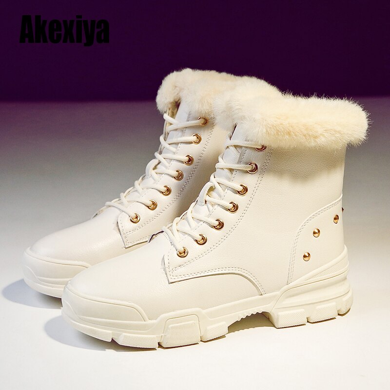 Mode Lederen Bont Gevoerde Vrouwen Casual Korte Enkellaarsjes Winter Laarzen Voor Dames Lace Up Snowboots Schoenen Zwart Wit U357