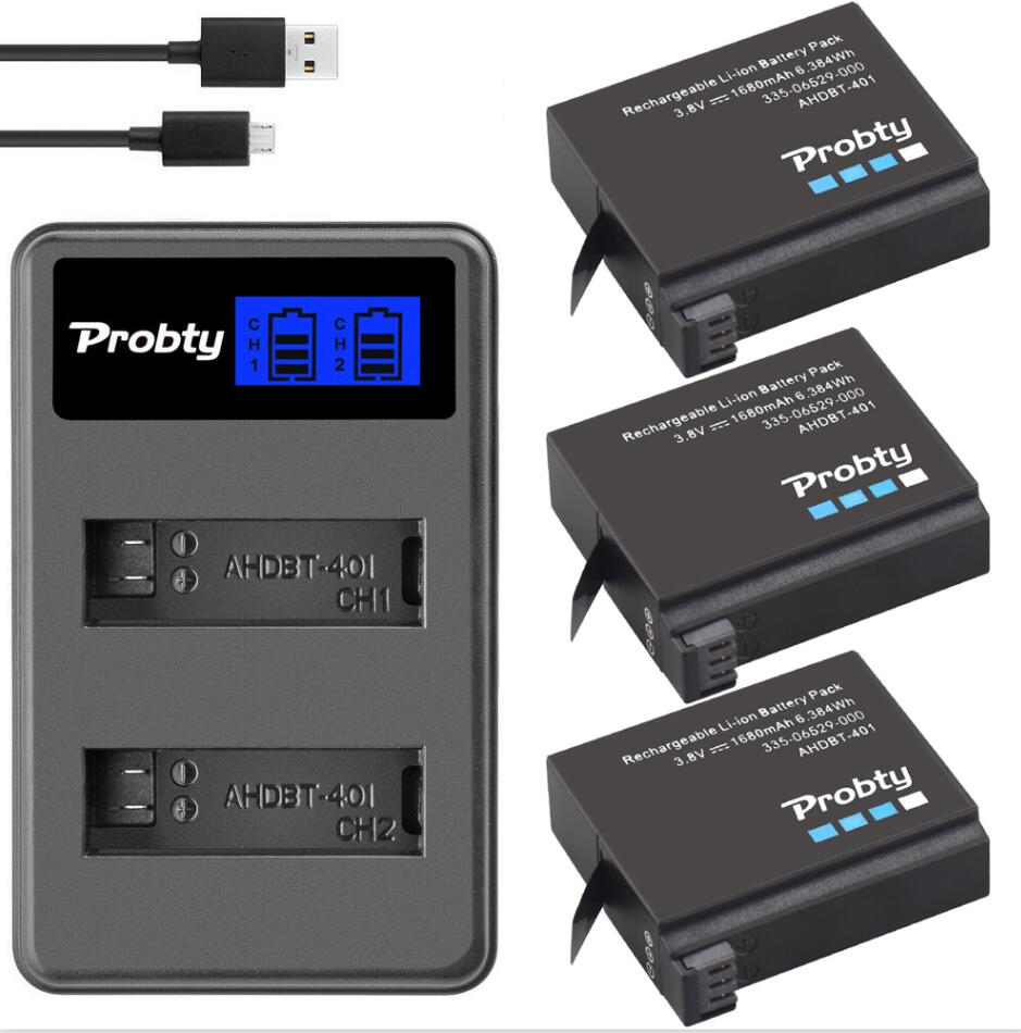 Probty-batería Original para GoPro Hero4 Hero 4 + cargador dual LCD para go pro AHDBT-401 HERO4, Cámara de Acción accesorio para, color negro y plateado: 3battery withcharger