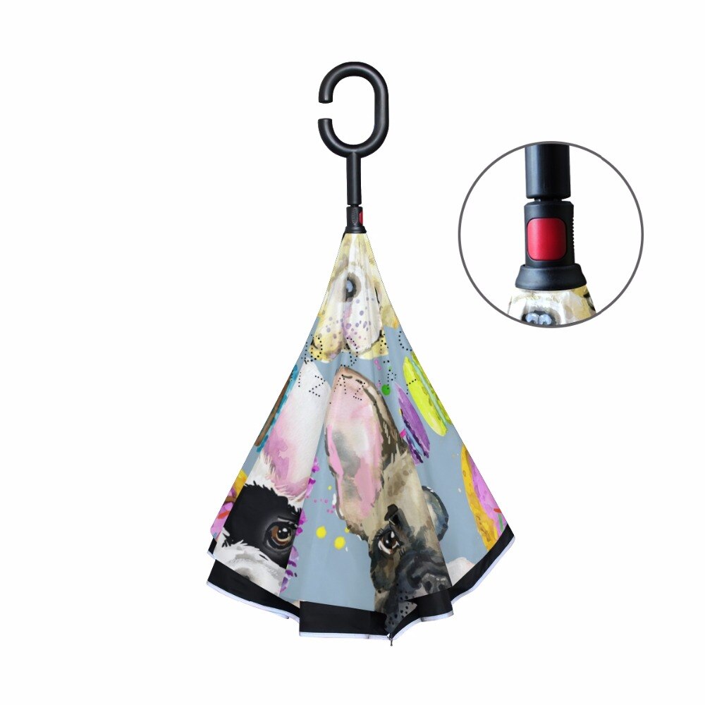 Watercolor French Bulldog Inverse Umbrellas C-Hook Handle Reverse Folding Double Layer Windproof Rainy Sunny Umbrella