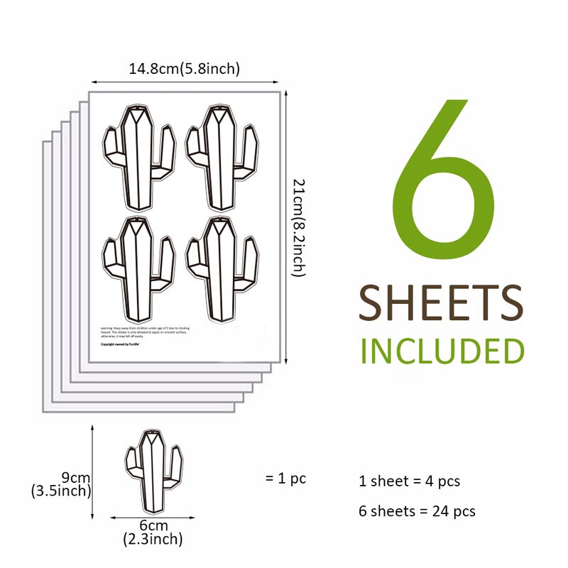 24pcs Geometric Cactus Wall Stikcers PVC Home Living Room Wallpaper Nursery Girl Boys Room Three-dimensional Plant Wall Decals: Default Title