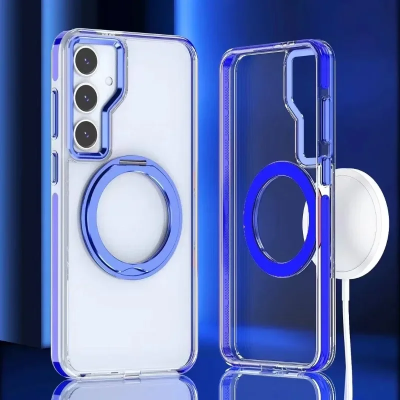 Magnetische Saugnapf-Handyhülle mit drehbarer Halterung für Samsung Galaxis S24 S23 Ultra Plus, transparente, stoßfeste Kunststoff-Konservierungsabdeckung: Eva / Blau