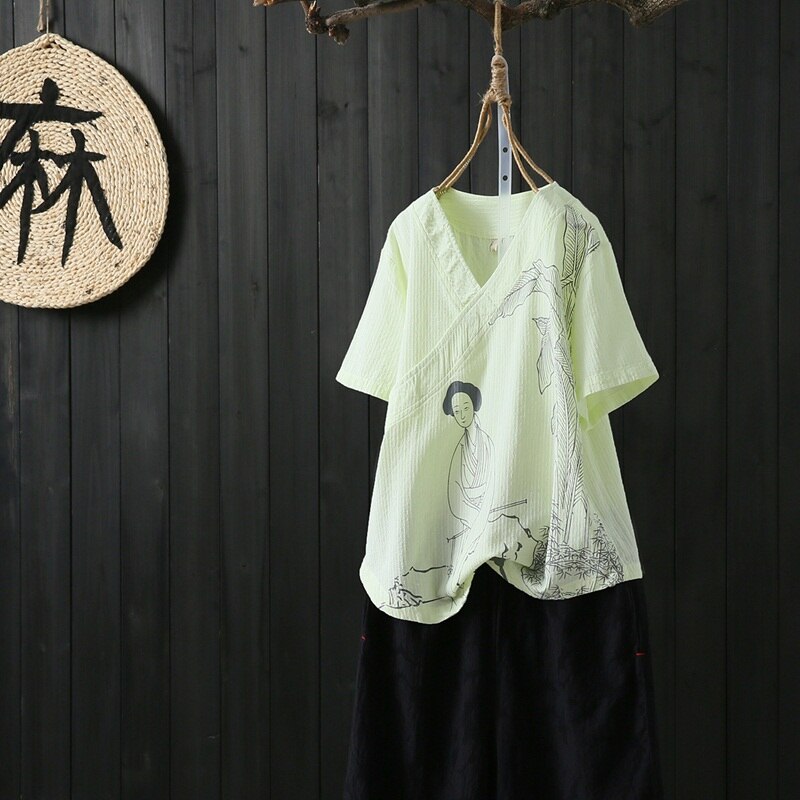 Katoen Linnen Chinese Zomer Blouses Zomer Shirt Korte Mouw Oosterse Cheongsam Tops Traditionele Chinese Kleding 10382: 3