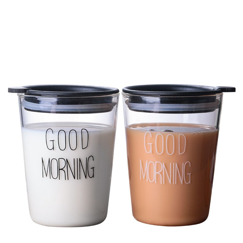2 stk god morgen glas morgenmad kop japansk stil enkel glas mælkekop gennemsigtig juice drikke kop med låg: B