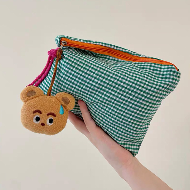 Portable Large Capacity Storage Bag Women Girls Plaid Makeup Bag Cotton And Linen Cosmetic Bag With Zipper Pouch Simple