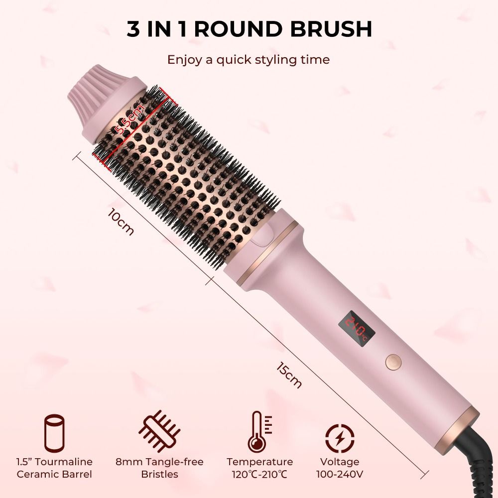 3 IN 1 Thermal Brush LCD Display 5 Temperature Settings Volumizing Brush Ceramic Heated Round Brush Straight and Curly Hair