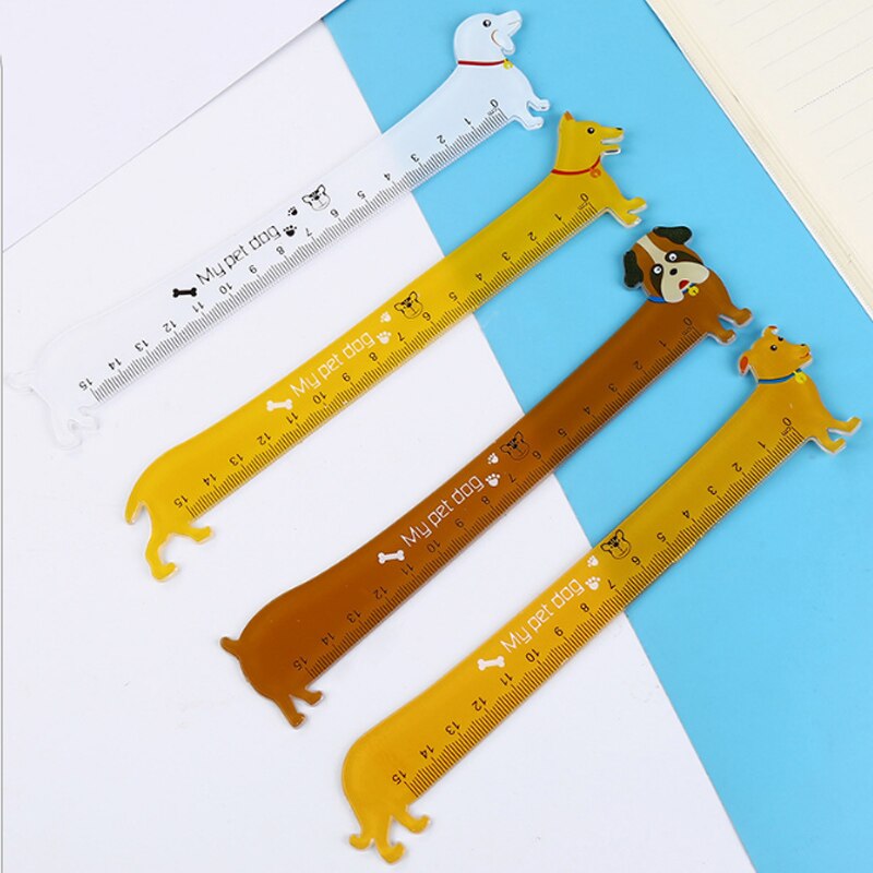 Regla de plástico con forma de cachorro de dibujos animados, artículo de papelería de 15CM, pintura, suministros de oficina y escuela, para estudiantes, , 1 ud.: DOG RANDOM
