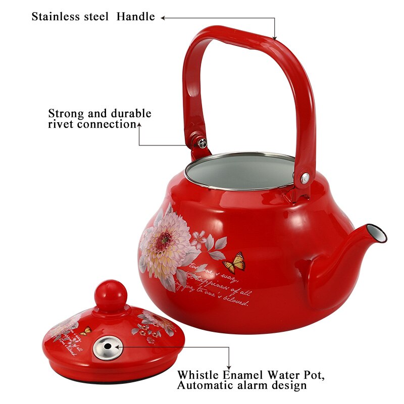 1.5L 2.0 L 2.5 L Rode Bloem Fluitje Water Pot Koffie Emaille Pot voor Keuken Tool Whitle Pot