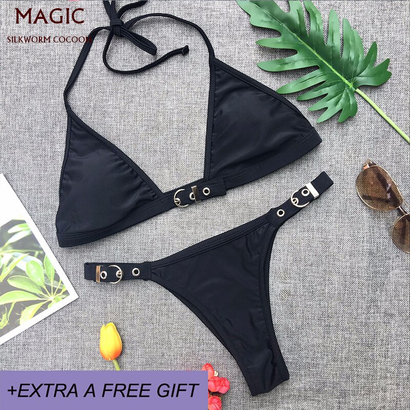 4 colors women bikini set beach chest adjustment buckle swimwear female swimsuit Low waist swimming suit blue bathing suit: Black / L