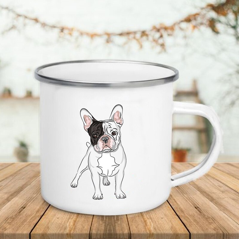Taza de esmalte con estampado de Bulldog, tazas creativas para café, té, desayuno, leche, Camping, con asa, para amantes de los perros: XH2220-A015WH-8