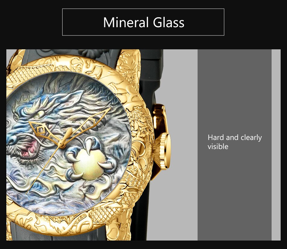 Reloj de cuarzo con escultura de dragón 3D para hombre, cronógrafo de oro negro, resistente al agua, esfera grande, , de pulsera, grabado en 3D