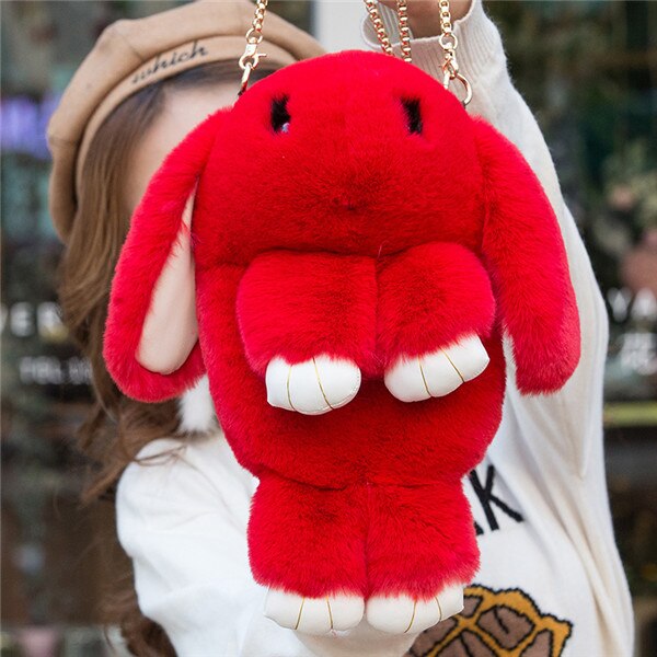 Mode Vrouwelijke Konijn Tas Imitatie Bont Messenger Portemonnee Portemonnee Keten Schoudertas Dames Handtas: red