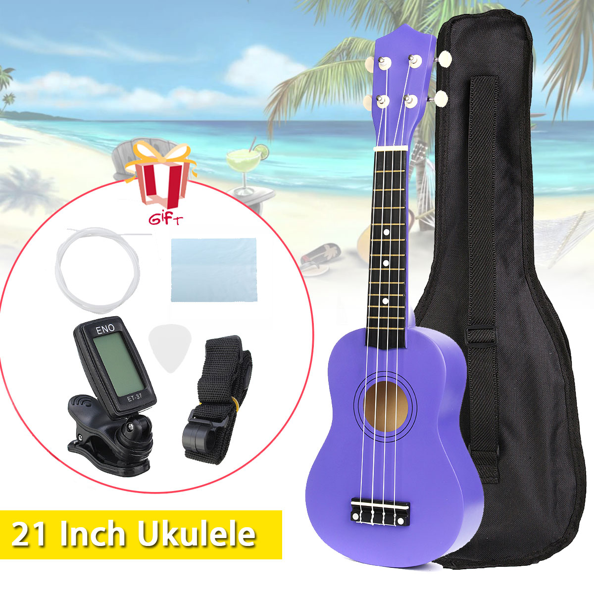 21 tommer 12 bånd lilla ukulele basswood sopran uke 4- strenget hawaiisk guitar musikinstrumentsæt+tuner+streng+rem+taske
