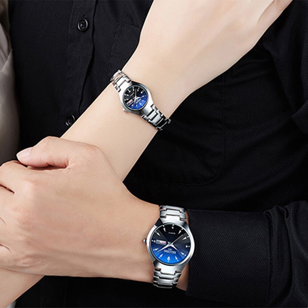 Paar Uhren oben Wolfram Stahl Schwarz Armbanduhr für Männer und Frauen Armbinde Weiblichen Uhr Reloj hombre Liebhaber saat