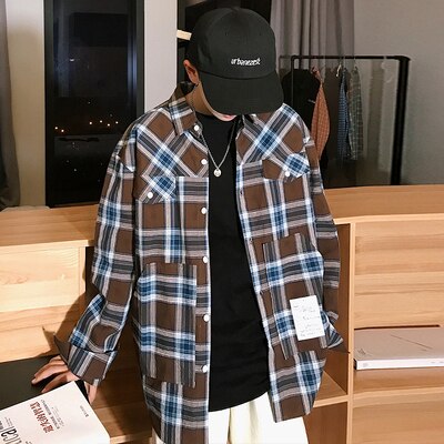 Ruihuo våren casual rutete skjorte herre slim fit koreansk stil mannlige langermede skjorter herre merke pluss størrelse m -3xl: Marineblå / Xxxl