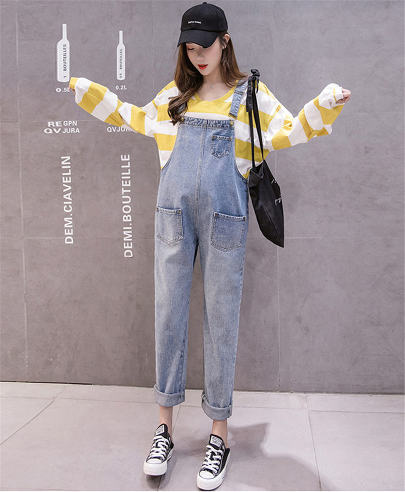 Dongeri gravidbukse overall jumpsuits jeans for gravide buksesele uniformer bukser graviditetsklær pluss str.: Blå / Xl
