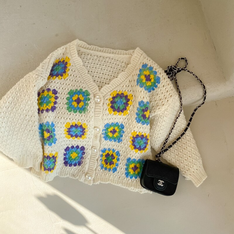 Children's Sweater Cardigan  Autumn New Korean Girls' Knitted Coat Baby Kids Outfit Embroidered Flower Retro Round Neck Top