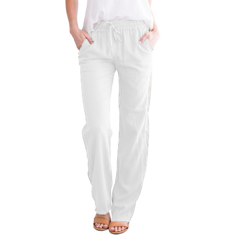 Spring/Summer Women's European and American Solid Cotton Hemp Drawstring Loose Relaxed Wide Leg Pants: XL / WHITE