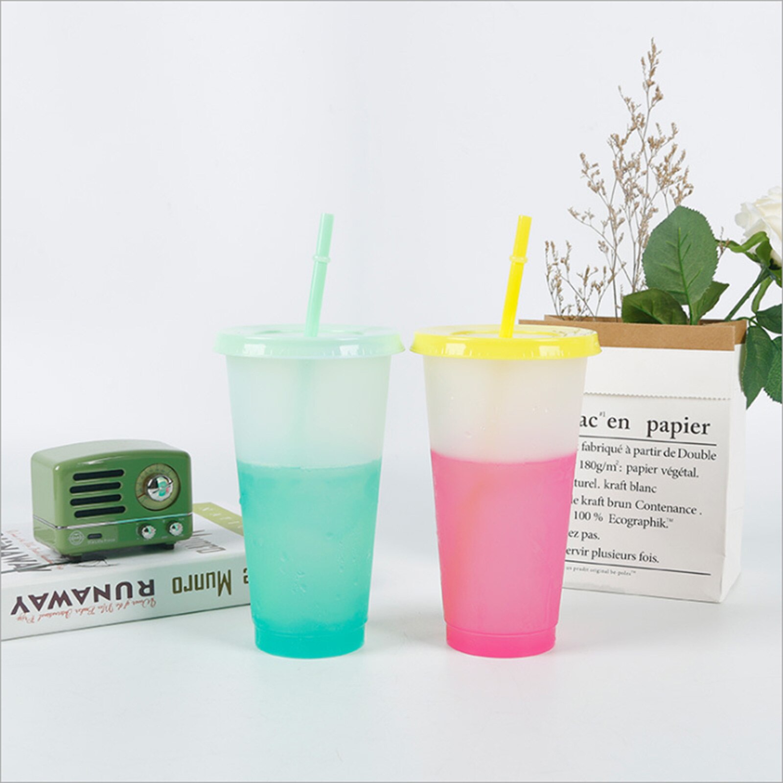 7pcs Reusable Color Changing Cups Cold Drinks Travel Tumbler with Lid Straw 24oz Coffee Juice Beverage Cup Color Changing