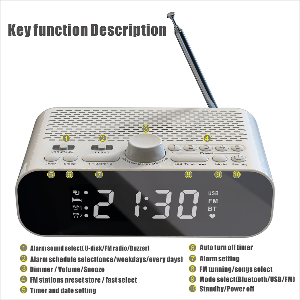 Przenośne radio FM Głośnik Bluetooth 5.0 Odtwarzacz MP3 z wyświetlaczem LED Radio cyfrowe Obsługa dysków U Podwójny budzik Automatyczne wyłączanie Timer