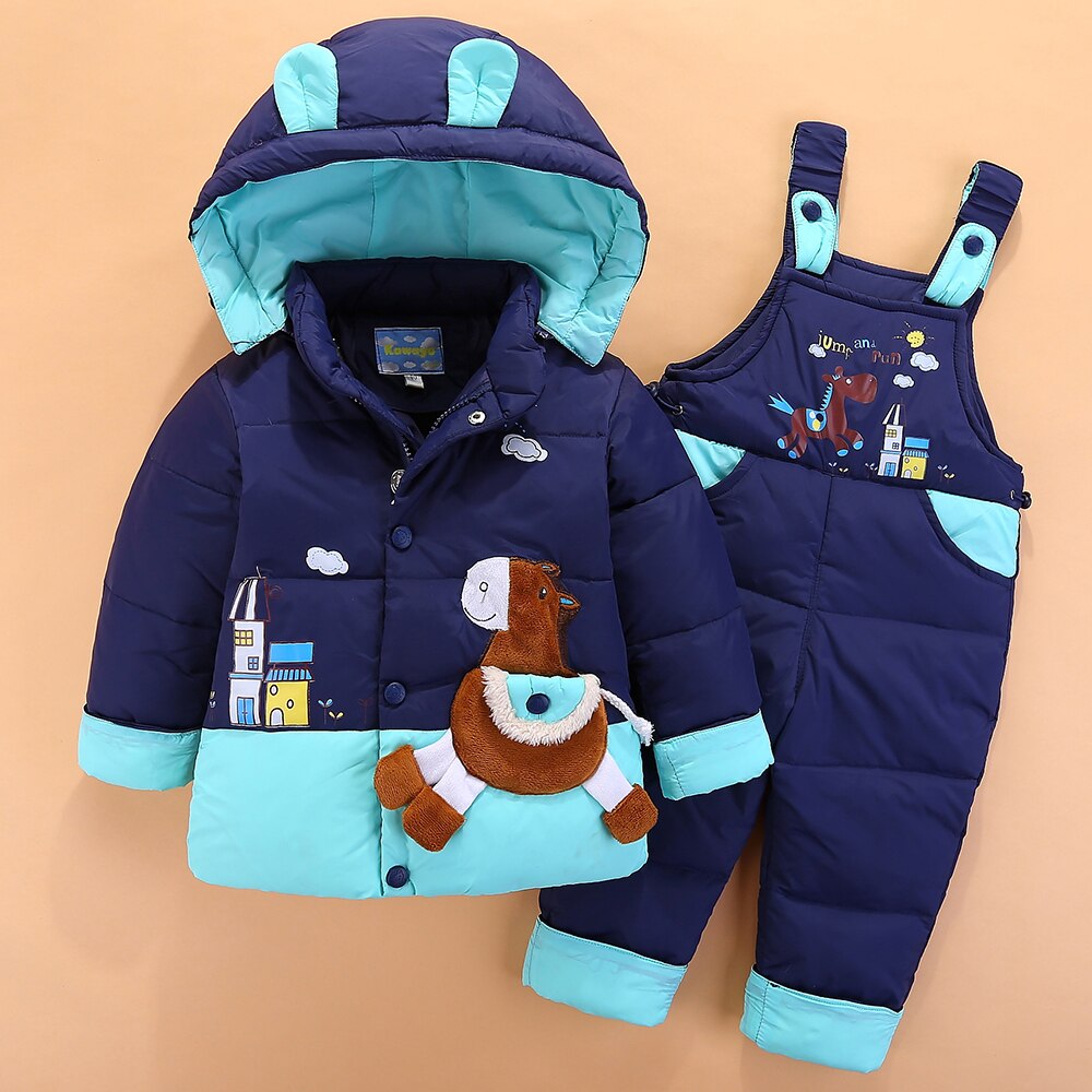 Inverno Dei Bambini Set Abbigliamento Per Bambini Anatra Imbottiture Giacca Per Le Ragazze Dei Ragazzi 2-3-4Yrs Pantaloni Tuta + giacca con cappuccio Per Il russo Freddo: Deepblue / 3T