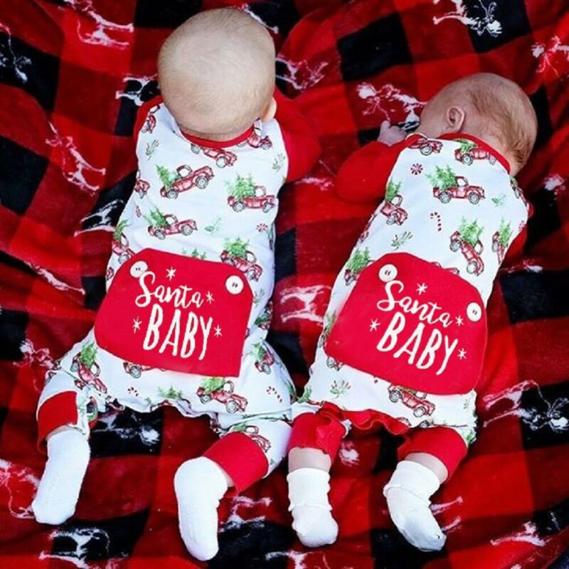 Newborn Baby Boys Girls Christmas Romper Long Sleeve Cartoon Christmas Tree And Car Print Jumpsuit Clothes Outfits Pants