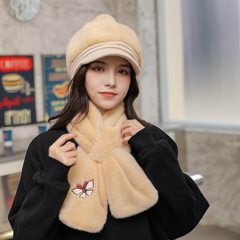 Chapeau octogonal en laine de pour adulte, couvre-chef femme papillon avec couvre-cou, deux pièces, neige, pour l&#39;extérieur, hiver 100%
