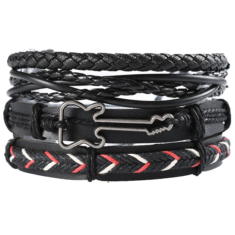 KaiMin 4pcs/ set Adjustable Leather Bracelets for Men Braided PU Black Brown Bangle Life Tree Leaf Rudder Charm Bracelet: JW8034-7