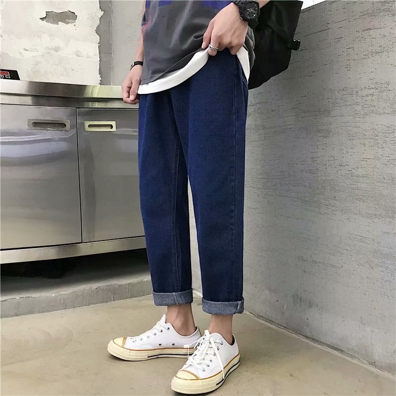 Raka jeans för män enkla solid ankellånga trendiga herrar all-match plus size 4xl fritid koreansk stil lös harajuku ulzzang: Mörkblå / Xxl