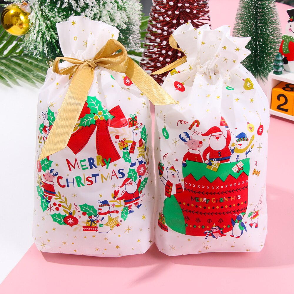 5PCS Plastic Candy Wrap Package Christmas Cookie Drawstring Bags Storage Pouches Baking Stocking Container Party Supplies