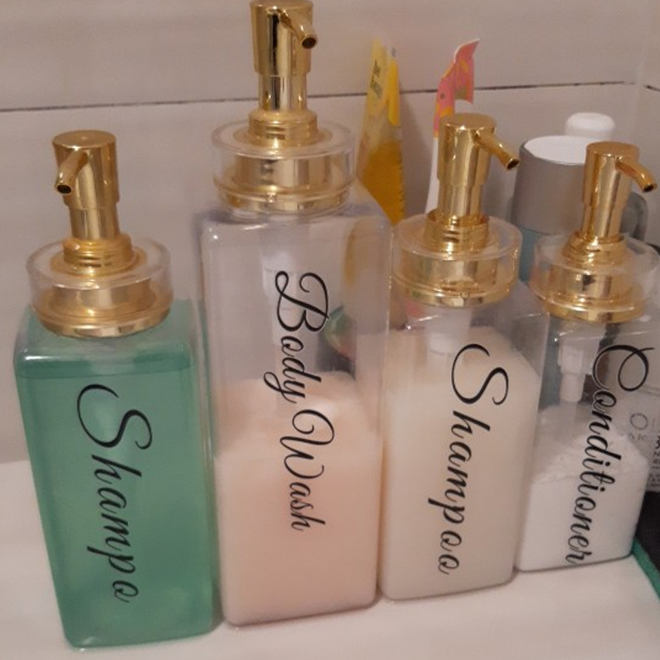 Bouteille distributrice de savon de douche, salle de bains, shampoing, après-shampooing, bouteille de lavage du corps avec étiquettes imperméables amovibles pour la décoration de la maison