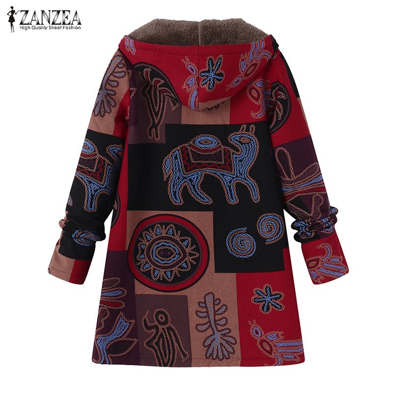ZANZEA Parkas Autumn Long Sleeve Basic Outerwear Women Retro Hooded Ethnic Printed Faux Fluffy Thin Coat Plus Size Jackets