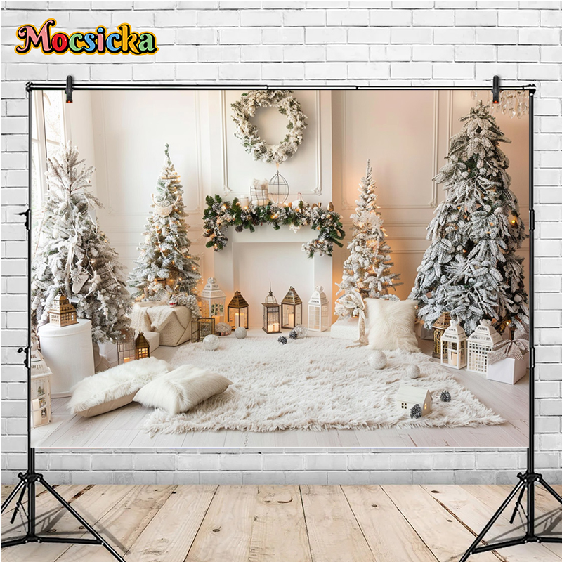 Mocsicka Winter Christmas Photography Background Gorgeous Mantel Decoration Party Family Portrait Photo Backdrops Studio: LIGHT BLUE / 150*300