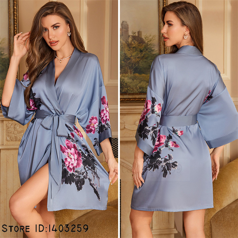 Chinese Stijl Print Badjas Nachtkleding Zomer Ijs Zijde Kimono Badjas Loungewear Casual Dames Kamerjas Nachtkleding: Blauw
