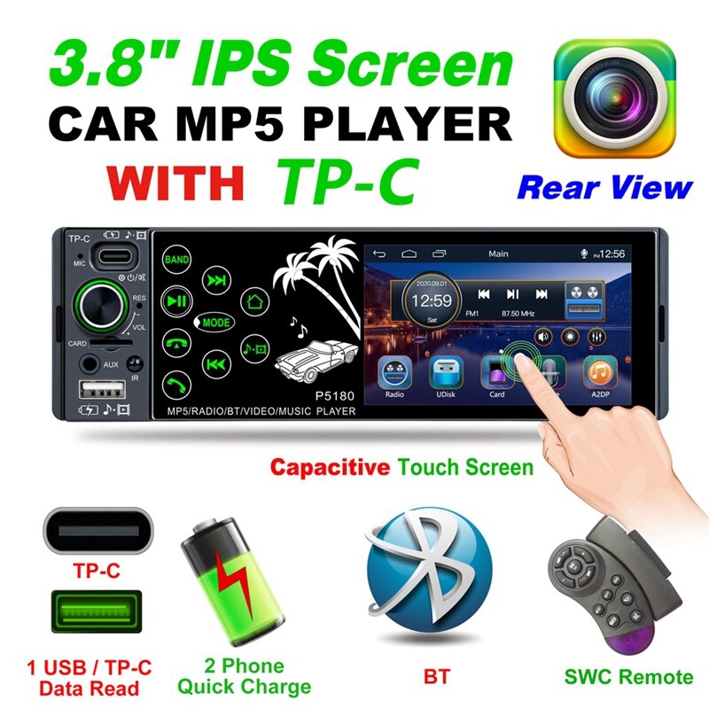 Enkele Din Bluetooth Autoradio Druk Screen Auto Fm Radio Ontvanger Met Usb/Type-C/Aux-in/Tf-kaart Poort MP5 Speler